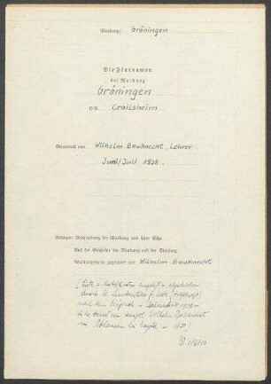Fragebogen und Karte Gröningen, OA Crailsheim
