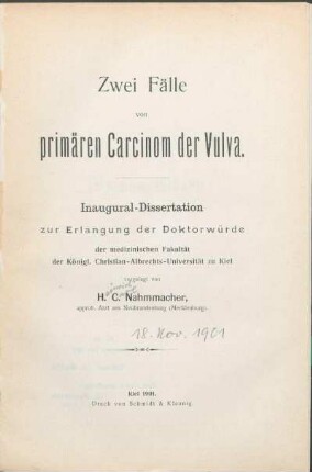 Zwei Fälle von primären Carcinom der Vulva