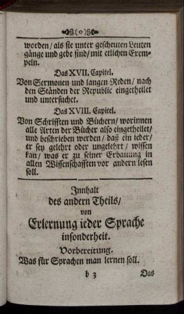 Innhalt des anderen Theils/ von Erlernung ieder Sprache insonderheit.