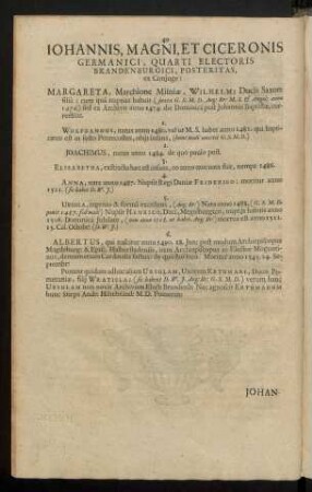 Johannis, Magni, Et Ciceronis Germanici, Quarti Electoris Brandenburgici, Posteritas, ex Coniuge: