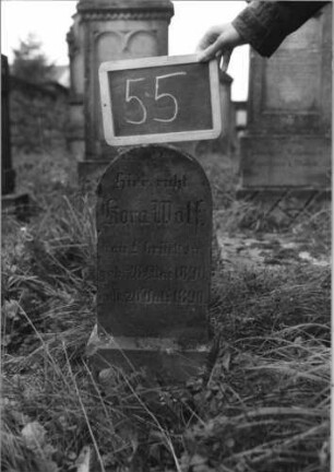 Grabstein 55 (Index: 100080628) Material: Sandstein Zustand: leicht verwittert Maße HxBxT: 65x25x12 cm Beschreibung: Stele, Sockel, Rundbogenabschluß: Grabstein 55