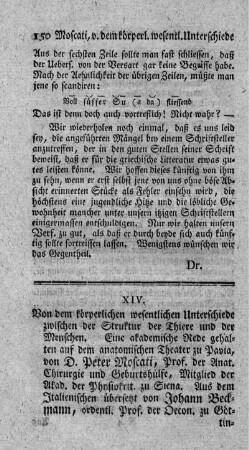 Von dem körperlichen wesentlichen Unterschiede zwischen der Struktur der Thiere und der Menschen.