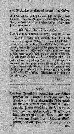 Von dem körperlichen wesentlichen Unterschiede zwischen der Struktur der Thiere und der Menschen.