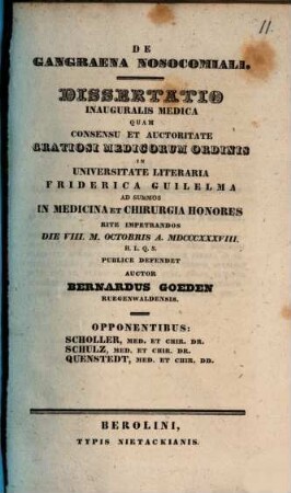 De gangraena nosocomiali : Diss. inaug. med.