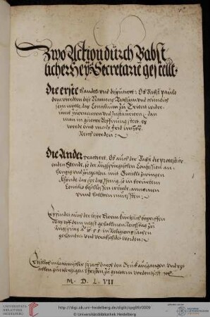 [Pietro Paolo Vergerio d.J.,] Actiones duae secretarii pontificii, dt.