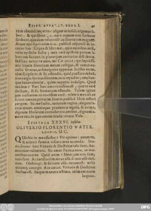 Epistola XXXVI. Insulas. Oliverio Florentio Waterloopio, U. C.