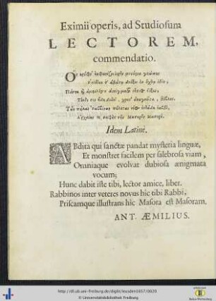 Eximii operis, ad studiosum lectorem, commendatio.