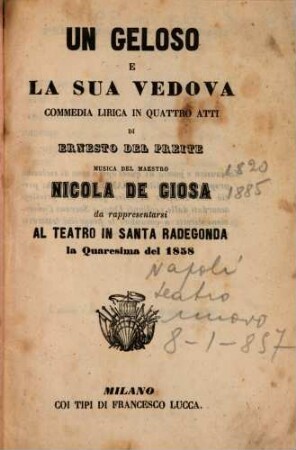 Un geloso e la sua vedova : commedia lirica in quattro atti ; da rappresentarsi al Teatro in Santa Radegonda la quaresima del 1858