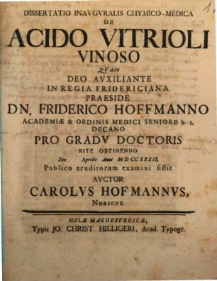 Dissertatio Inavgvralis Chymico-Medica De Acido Vitrioli Vinoso