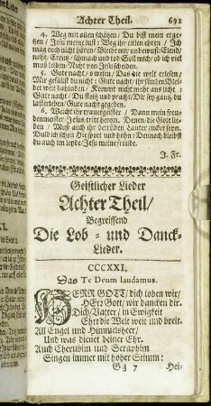 Geistlicher Lieder Achter Theil/ Begreiffend Die Lob- und Danck-Lieder.