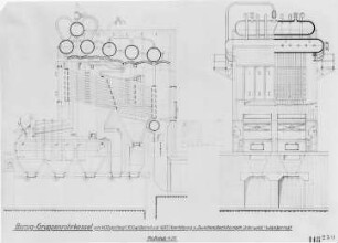 Gruppenrohrkessel, Unterwind-Wanderrost (Borsig, Tegel), Schema : Technikgeschichte | Maschinenbau | Kraftmaschinen | Dampfkesselalagen, Feuerungen