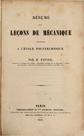 Résumé des leçons de mécanique données à l'école polytechnique