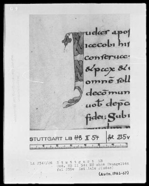 Bibliorum pars finalis, Pauli epistolae, Actus apostolorum, Epistolae canonicae, Apocalypsis — Initiale J(udas), Folio 235verso