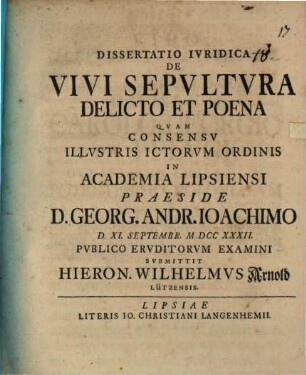 Dissertatio iuridica de vivi sepultura delicto et poena