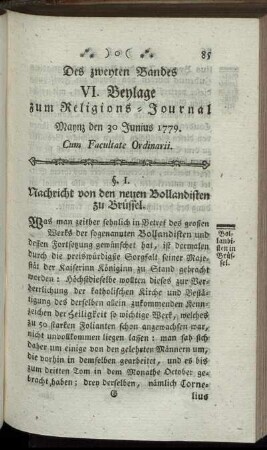 VI. Beylage zum Religions-Journal. Maynz den 30. Junius 1779.