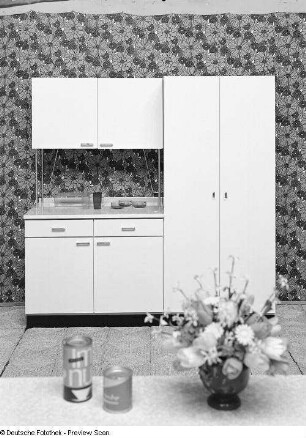 Hängeschrank, Schrankteil der Flachstrecke und Besenschrank : Leipziger Herbstmesse, 1973. Anbauküche (1973; VEB Möbelfabrik Salzwedel). Hängeschrank, Schrankteil der Flachstrecke und Besenschrank