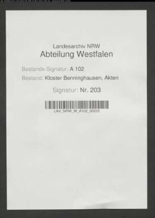 Fragen des Klosters Benninghausen an L. Kersting bezüglich Besetzung des Westhoffs mit N. Linnenkamp