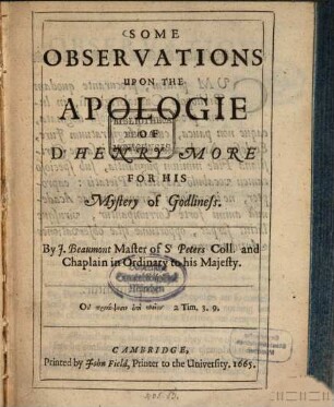 Some observations upon the apology of Dr. Henry More for his mystery of Godliness