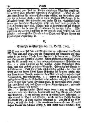 V. Ebenezer in Georgien den 12. Octob. 1752