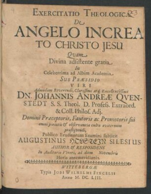 Exercitatio Theologica De Angelo Increato Christo Jesu