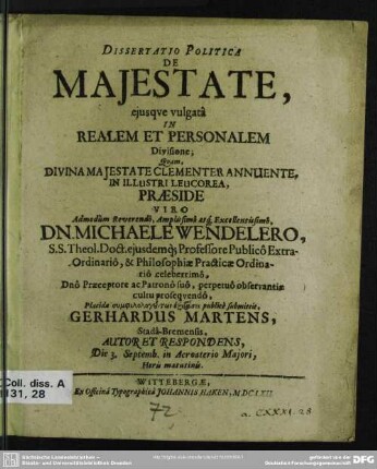 Dissertatio politica de majestate, ejusque vulgata in realem et personalem