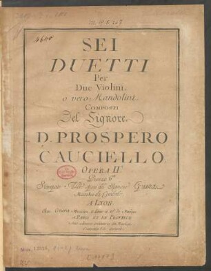 Sei Duetti Per Due Violini o vero Mandolini. : Opera IIa.