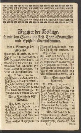 Register der Gesänge, so mit den Sonn- und Fest-Tags-Evangelien und Episteln übereinkommen