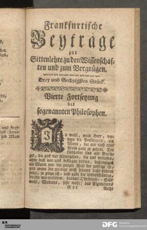 Drey und Sechzigstes Stück. Vierte Fortsetzung des sogenannten Philosophen.