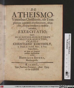 De Atheismo, Veteribus Christianis, ob Templorum inprimis aversationem, obiecto, inque eosdem a nostris retorto, Exercitatio