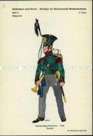 Uniformdarstellung, Hornist des Garde-Jäger-Bataillons, Königreich Hannover, 1840.