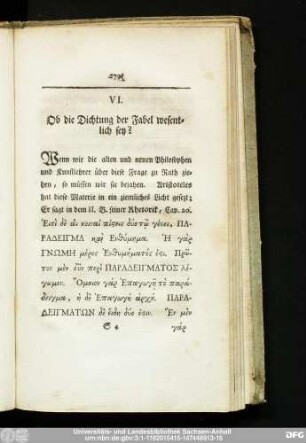 VI. Ob die Dichtung der Fabel wesentlich sey?