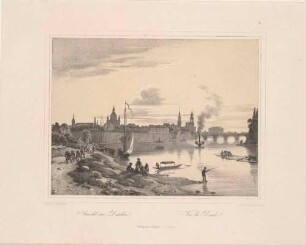 Stadtansicht von Dresden, Blick vom Ausschiffungsplatz am linken Elbufer auf die Altstadt, im Vordergrund Angler, Fähren, Flößer und Schiffstreidler