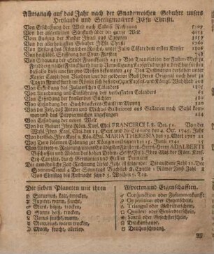 Allmanach auf das Jahr nach der Gnadenreichen Gebuhrt unsers Heylands und Seeligmachers Jesu Christi.