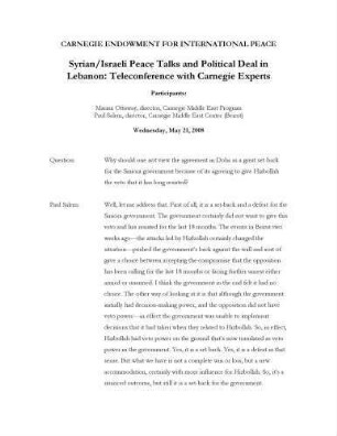Syrian/Israeli peace talks and political deal in Lebanon : teleconference with Carnegie experts