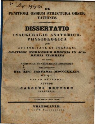 De penitiori ossium structura observationes : Diss. inaug. anat.-physiol. ; cum tab. lith.