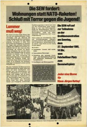 Flugschrift: SEW fordert: Wohnungen statt NATO-Raketen! Schluß mit dem Terror gegen die Jugend! 1981