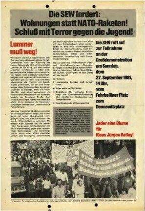 Flugschrift: SEW fordert: Wohnungen statt               NATO-Raketen! Schluß mit dem Terror gegen die Jugend! 1981