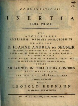 Commentationis De Inertia, Pars Prior