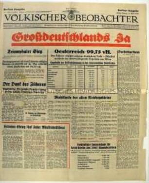 Titelblatt der Tageszeitung "Völkischer Beobachter" mit dem Ergebnis der Volksabstimmung über den "Anschluss" Österreichs