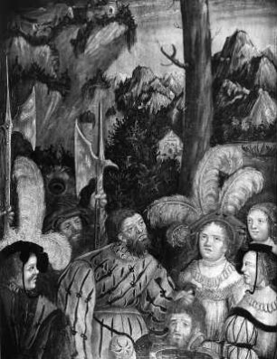 Flügelaltar : Flügelaltar. Holz, bemalt (um 1520). Detail mit Enthauptung Johannes des Täufers. Aigen im Ennstal, Sankt Johannes Baptist und Johannes Evangelist