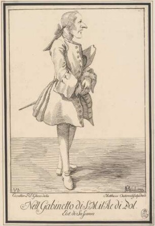 Herr mit Dreispitz (Der Amtmann Don Carlo Albani), Bl. 6 der "Raccolta di XXIV Caricature", Dresden 1750