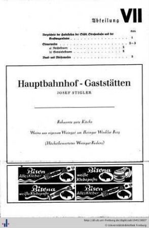 Abteilung VII. Verzeichnis der Haltestellen der städt. Straßenbahn und der Kraftwagenlinien mit Übersichtsplan, Steuerwesen, Bank- und Börsenwesen.