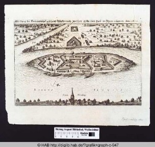 Abbildung der Holländischen Schantz Pfaffenmütz zwischen Köln und Bonn im Rhein erbauen. Anno 1620