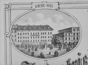 Gewerbehaus und Loge auf der Ostraallee : Gewerbehaus und Loge auf der Ostraallee. Litho; Letztes Viertel 19. Jahrhundert. Dresden: Stadtgeschichtliche Museen Dresden