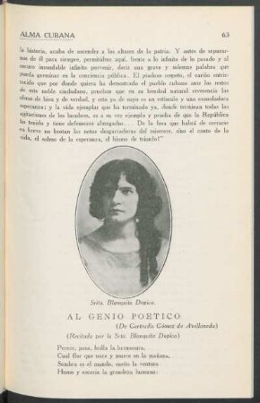 Al Genio Poético : (De Gertrudis Gómez de Avellaneda) ; (Recitada por la Srta. Blanquita Dopico)