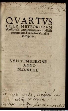 Quartus liber meteororum Aristotelis