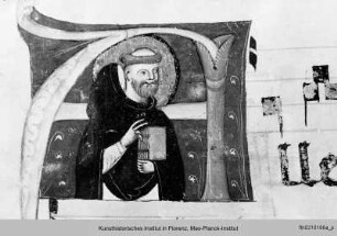 Antiphonar : Textseite mit vierzeiligen Neumen und historisierter Initiale: Dominikus
