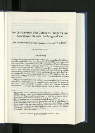 Von Quakenbrück über Göttingen, Hannover und Kopenhagen bis nach Hamburg und Kiel Der Kulturhistoriker Dietrich Hermann Hegewisch (1740-1812)