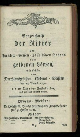 Verzeichniß der Ritter des Fuerstlich-Hessen-Casselischen Ordens vom goldenen Loewen
