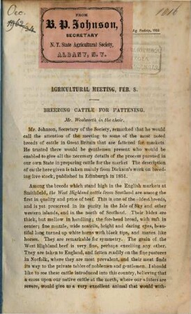 B. P. Johnson Agricultural meeting; Febr. 8. Breeding cattle for fattening
